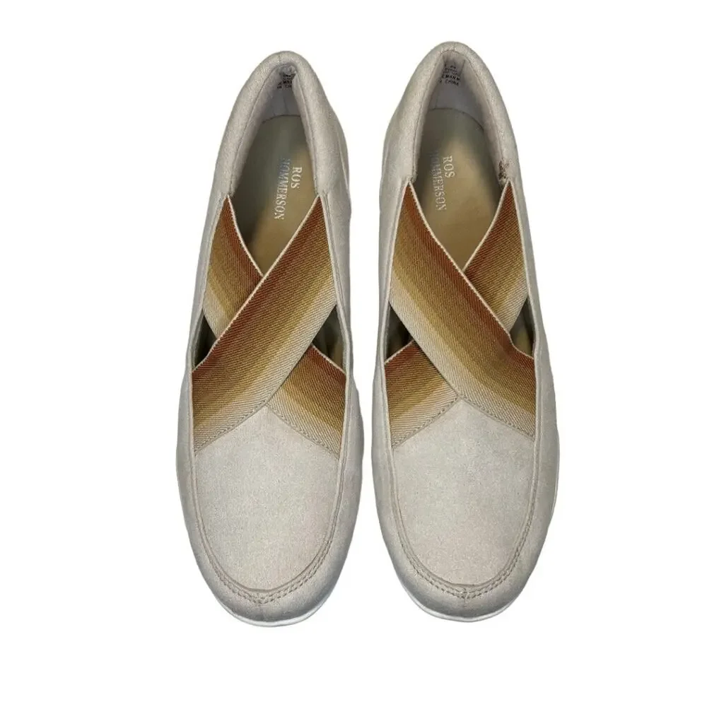 Ros Hommerson Clever Cream Cross Slip On Flat Shoes Size 8N Stretch Comfort